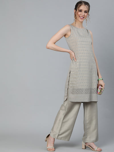 Grey Schiffli Designed Kurta With Palazzo