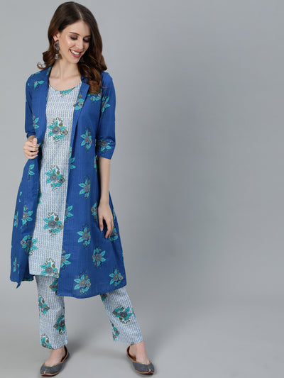 Blue Floral Print Kurta Pant With Jacket