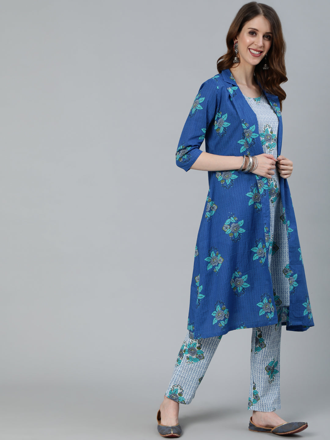 Blue Floral Print Kurta Pant With Jacket