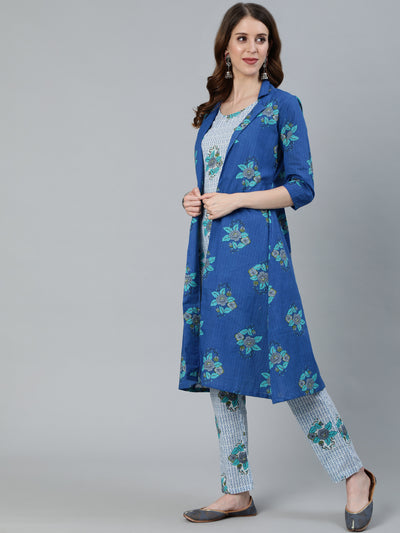 Blue Floral Print Kurta Pant With Jacket