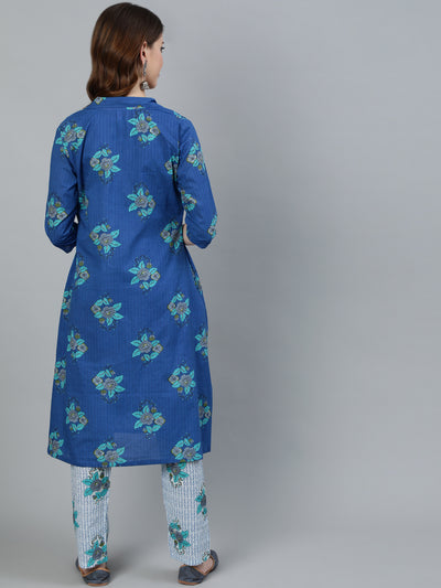 Blue Floral Print Kurta Pant With Jacket