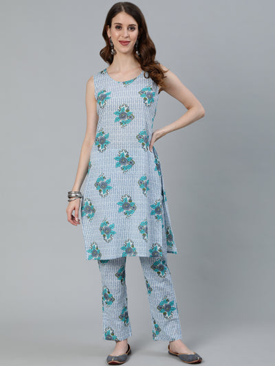 Blue Floral Print Kurta Pant With Jacket