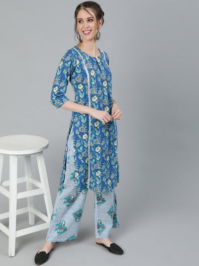 Blue Floral Print Kurta With Palazzo