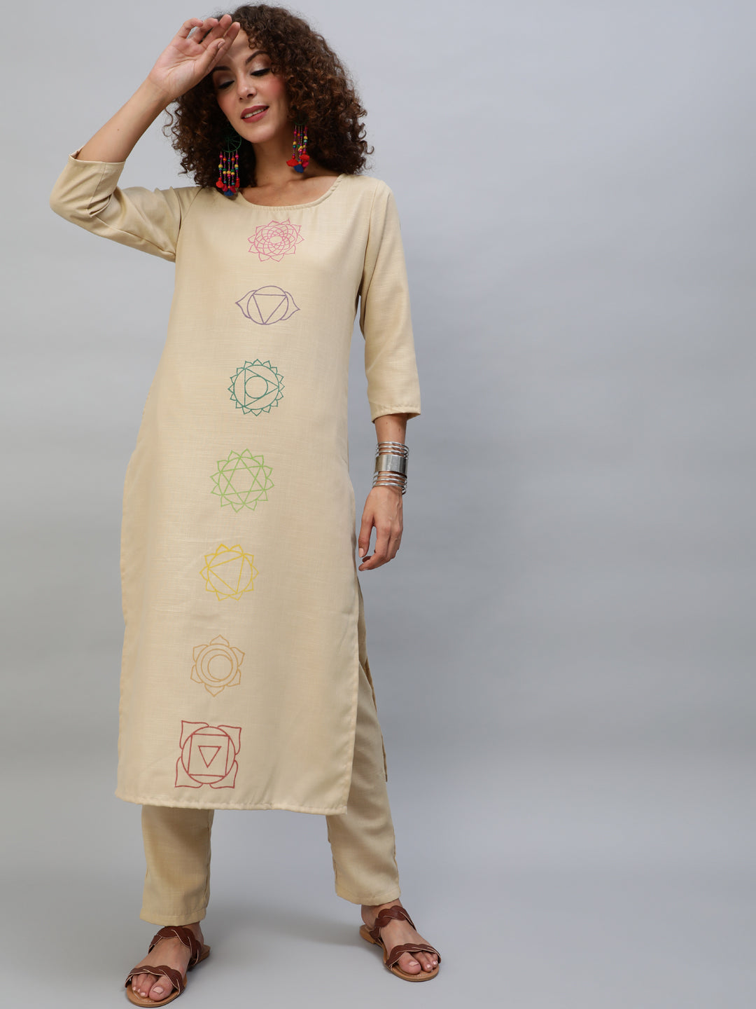 Beige Block Print Kurta With Palazzo