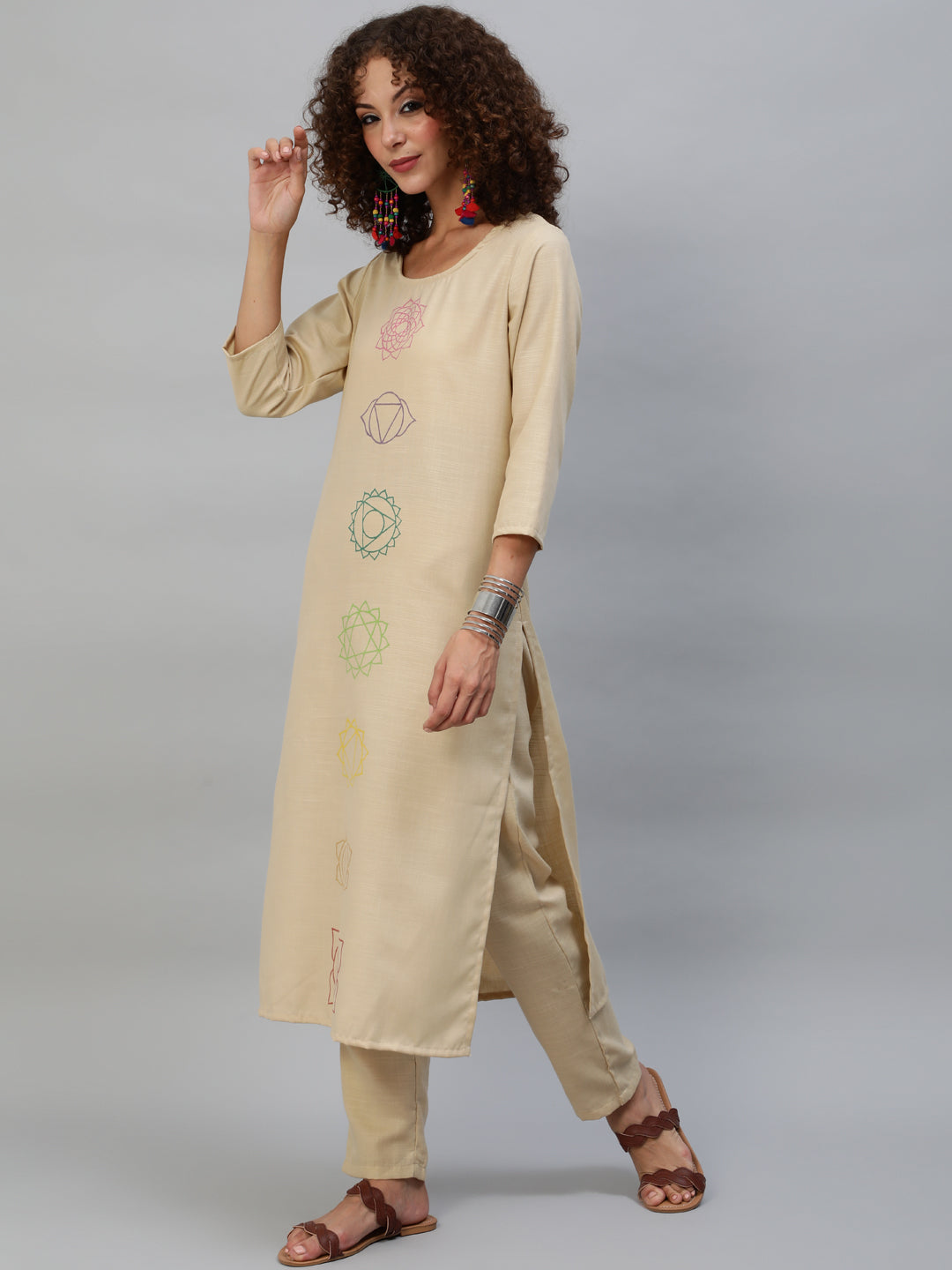 Beige Block Print Kurta With Palazzo