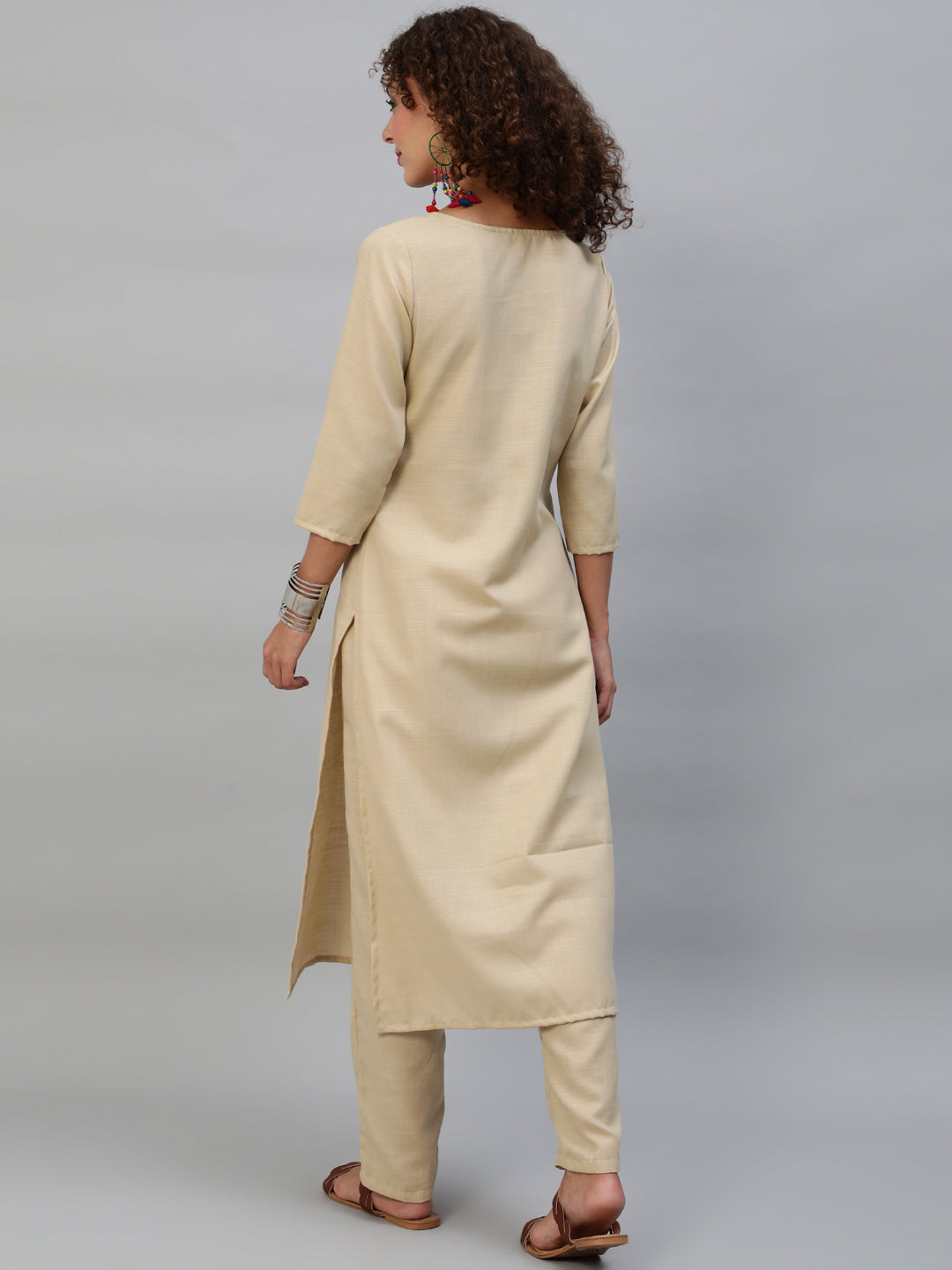 Beige Block Print Kurta With Palazzo