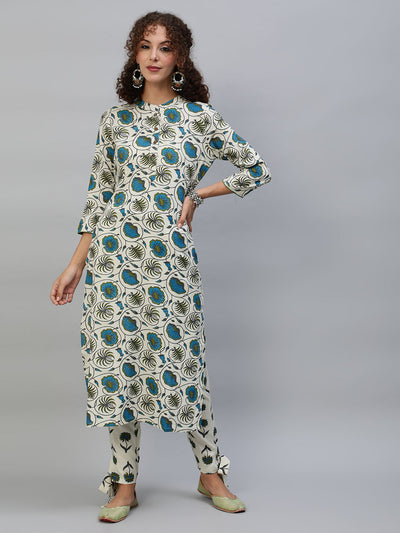 Cream Floral Print Kurta With Pant