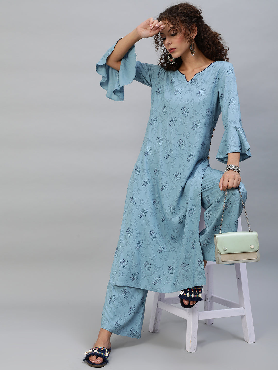 Blue Printed Kurta With Palazzo