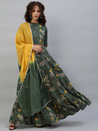 Green Floral Print Lehenga Choli With Dupatta