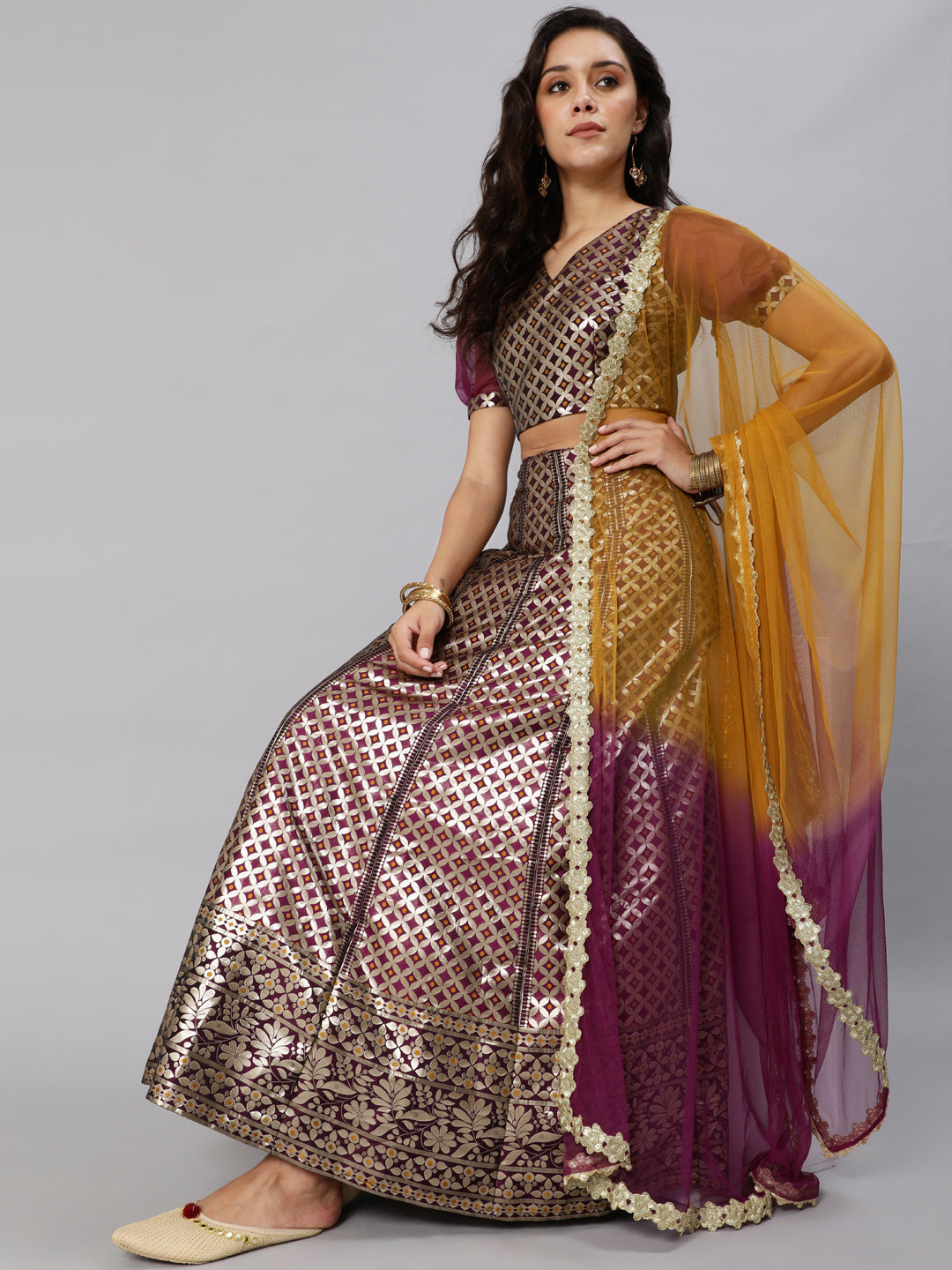 Purple Jacquard Lehenga Choli With Dupatta & Potali Bag