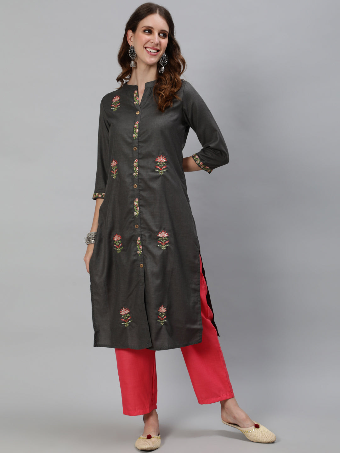 Grey Embroidered Kurta With Pant