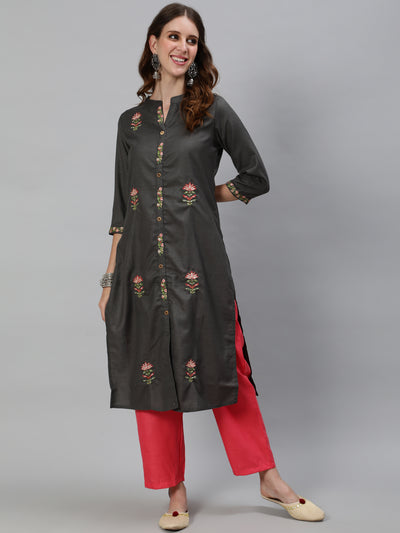 Grey Embroidered Kurta With Pant