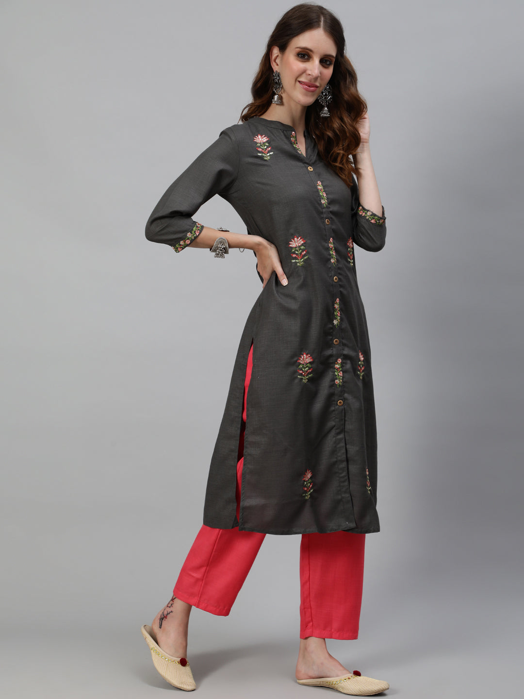 Grey Embroidered Kurta With Pant