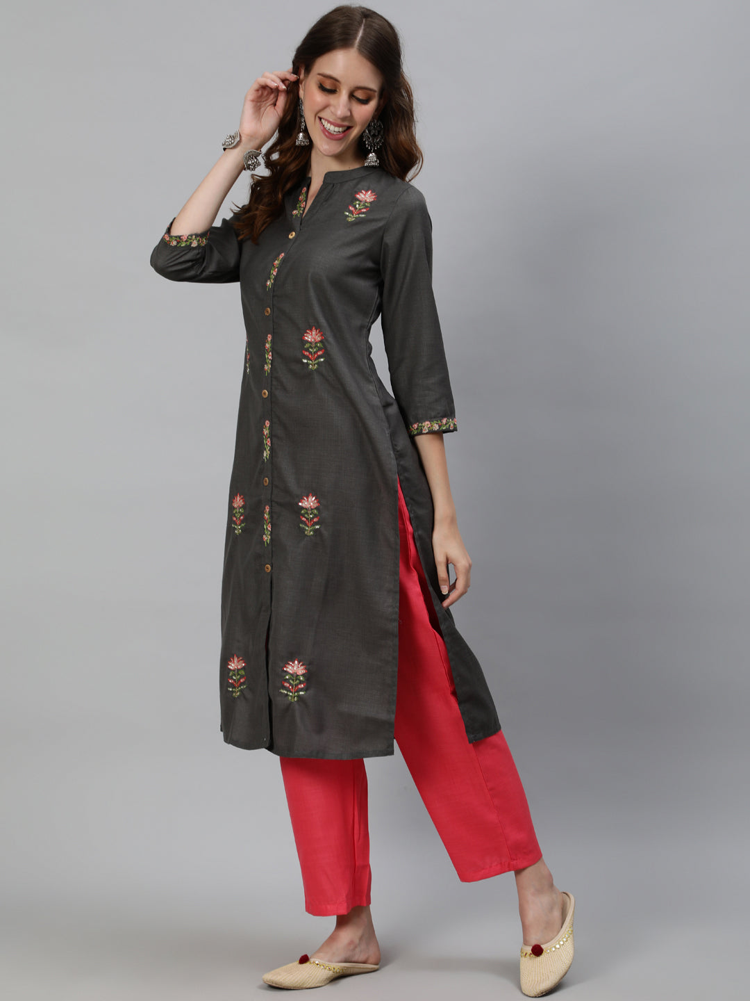 Grey Embroidered Kurta With Pant