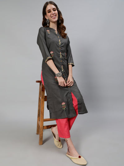 Grey Embroidered Kurta With Pant