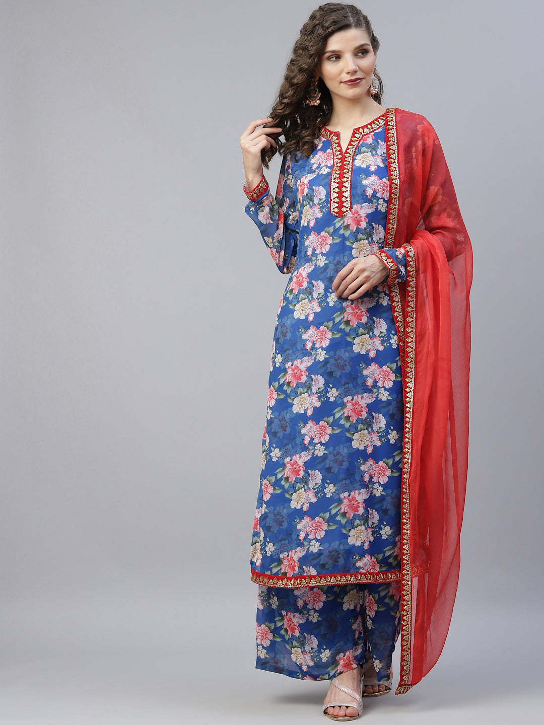 Blue Floral Print Kurta Palazzo With Dupatta