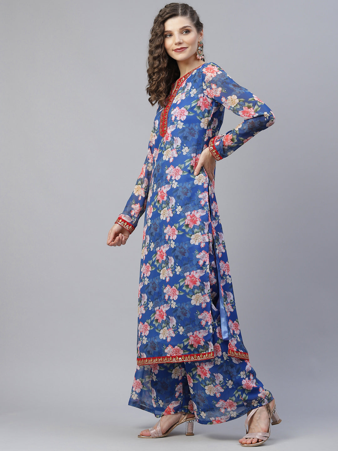 Blue Floral Print Kurta Palazzo With Dupatta