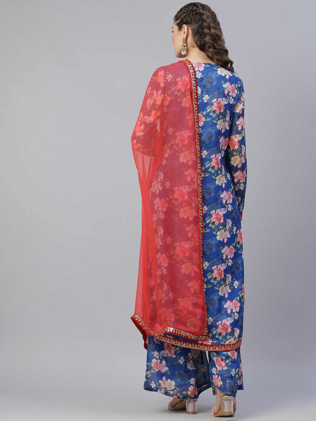 Blue Floral Print Kurta Palazzo With Dupatta