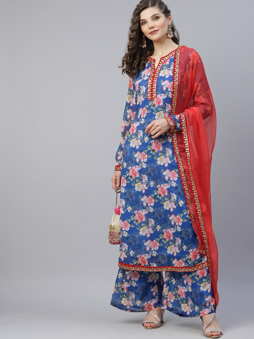 Blue Floral Print Kurta Palazzo With Dupatta