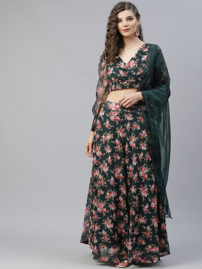 Dark Green Floral Print Lehenga Choli With Dupatta