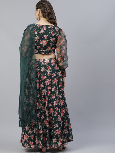 Dark Green Floral Print Lehenga Choli With Dupatta