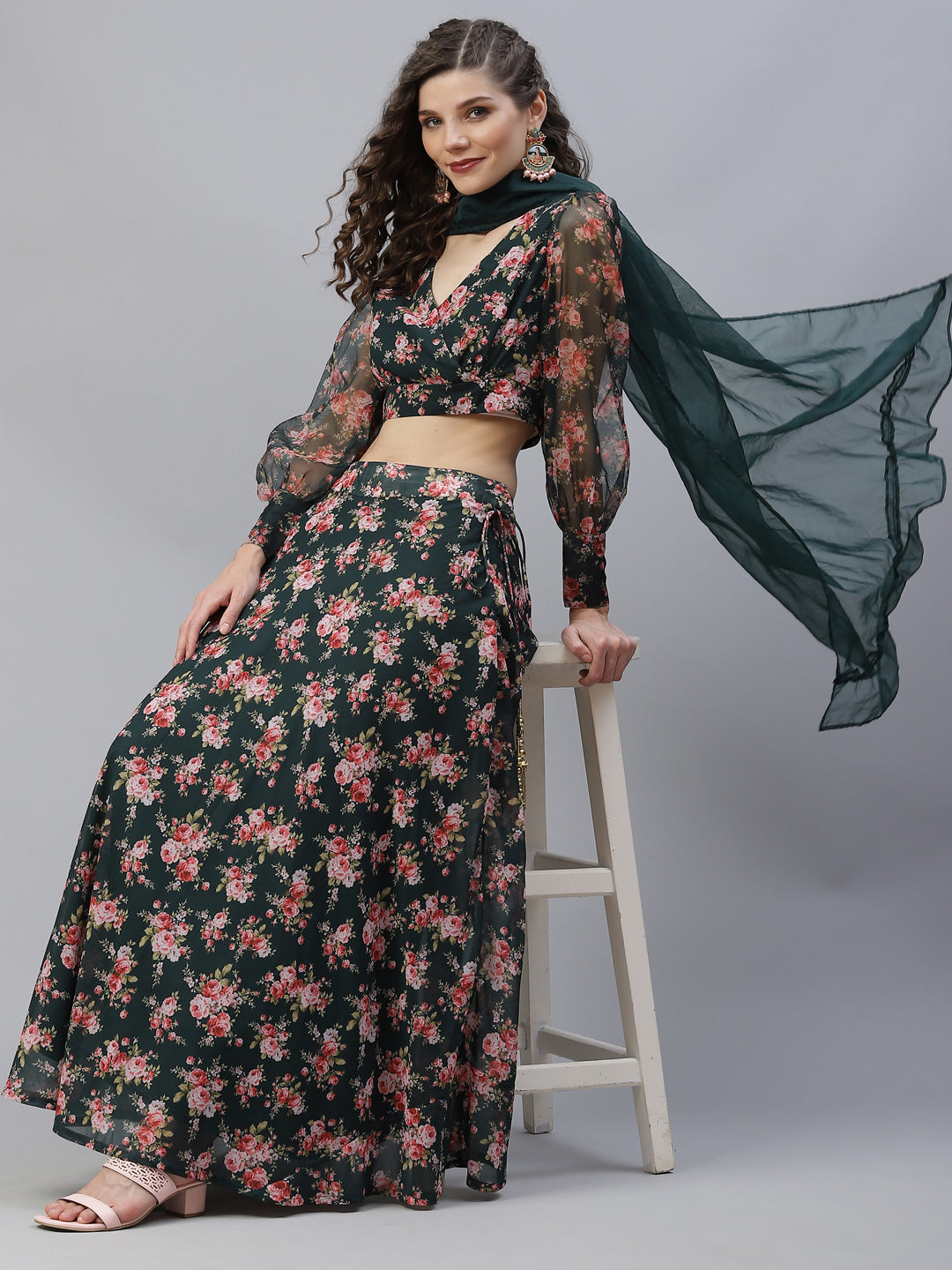 Dark Green Floral Print Lehenga Choli With Dupatta