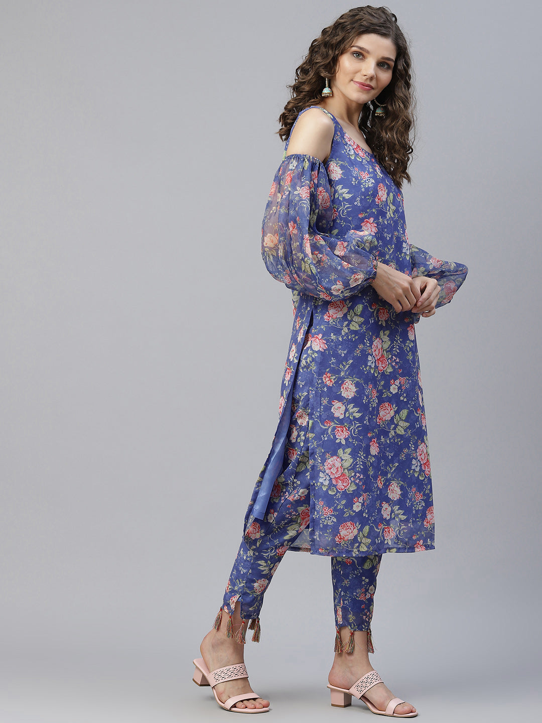 Blue Floral Print Kurta With Pant