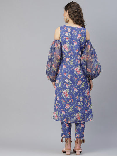 Blue Floral Print Kurta With Pant