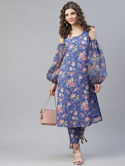 Blue Floral Print Kurta With Pant