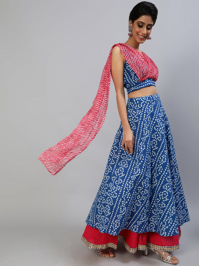 Blue Bandhani Print Lehenga Choli With Attached Dupatta