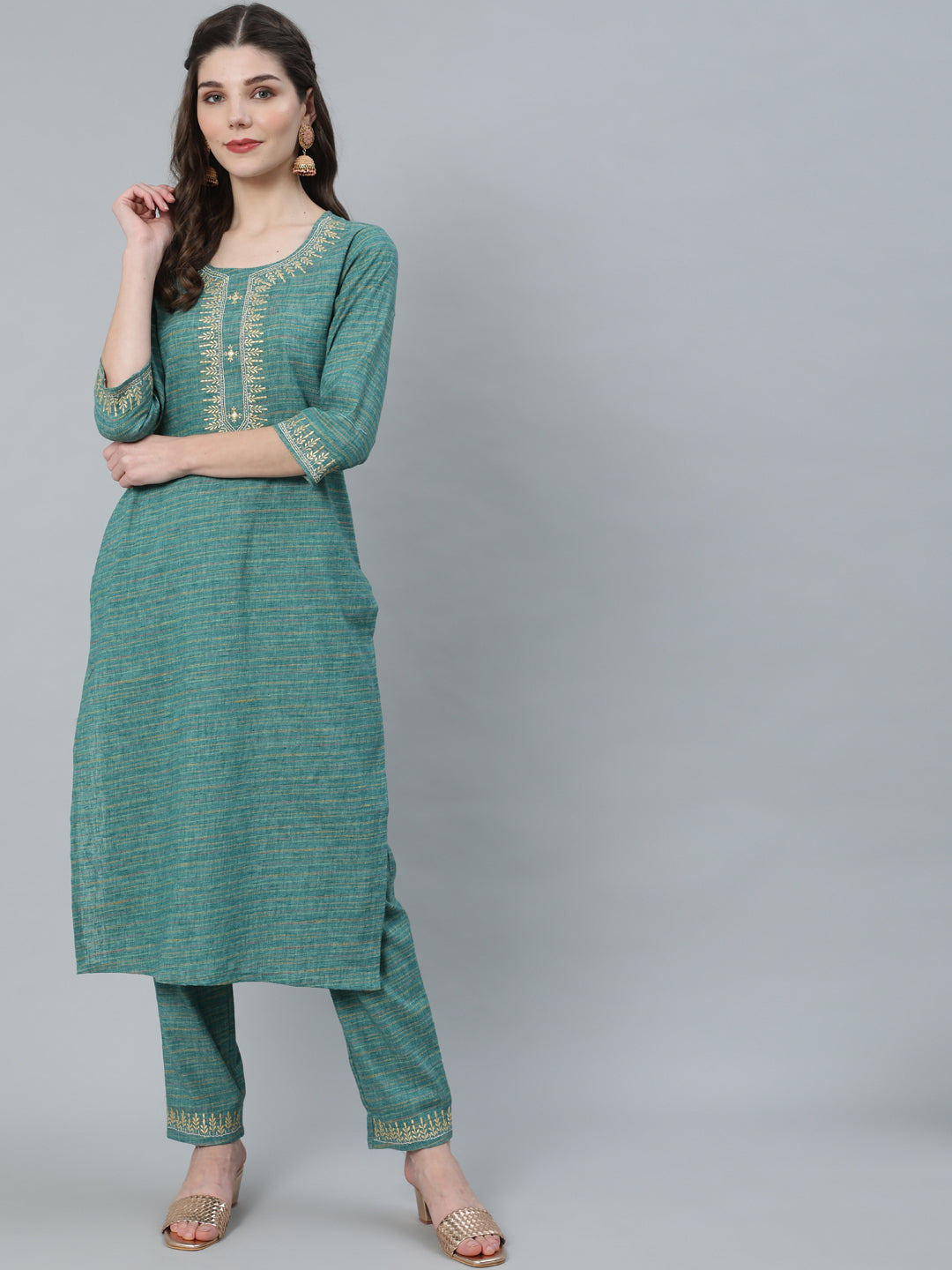 Pastel Blue Striped Embroidered Kurta With Pant