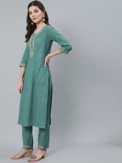 Pastel Blue Striped Embroidered Kurta With Pant