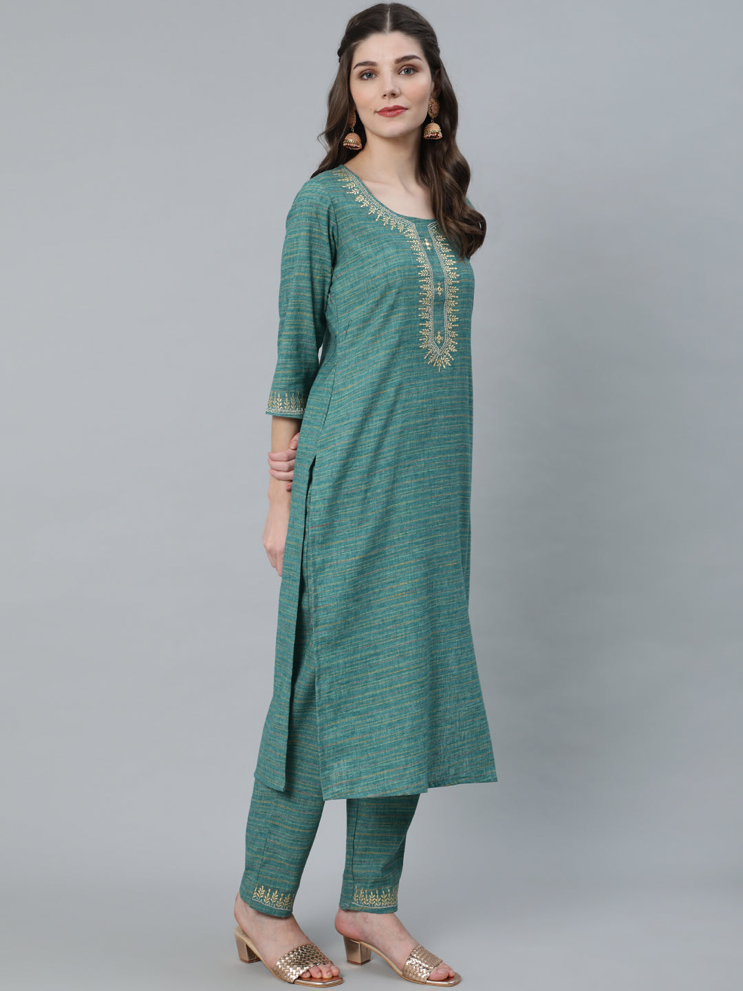 Pastel Blue Striped Embroidered Kurta With Pant