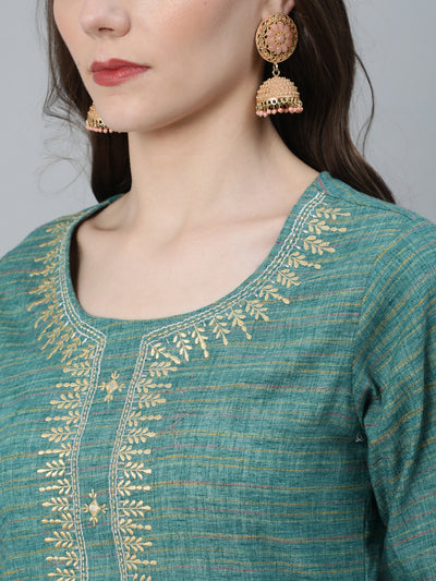 Pastel Blue Striped Embroidered Kurta With Pant