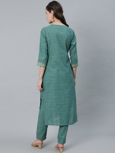 Pastel Blue Striped Embroidered Kurta With Pant