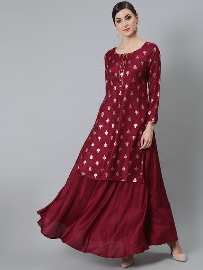 Burgundy Foil Print Kurta With Skirt