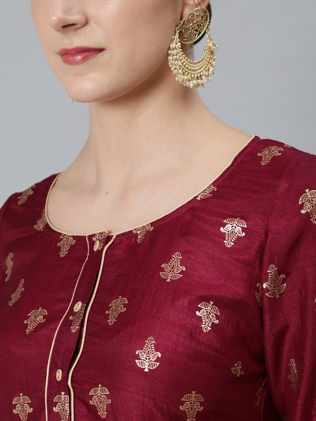 Burgundy Foil Print Kurta With Skirt