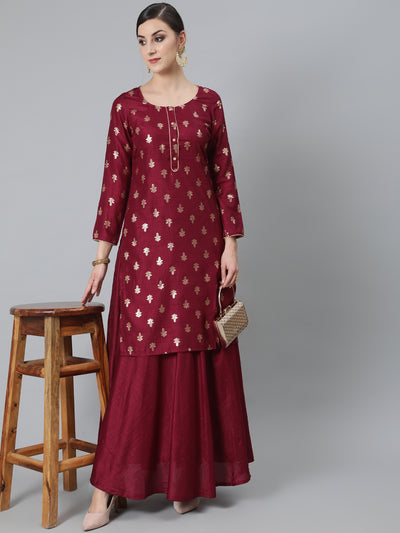 Burgundy Foil Print Kurta With Skirt