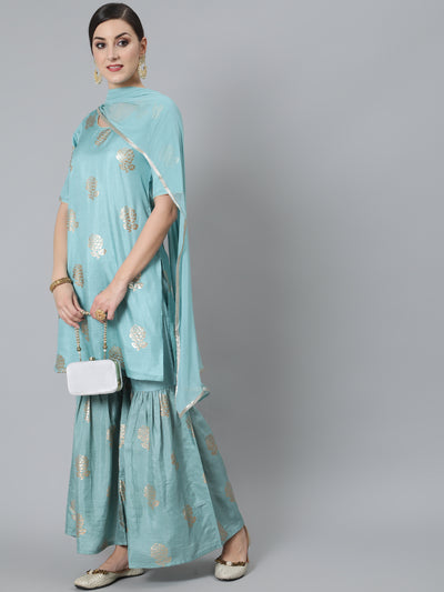 Blue Foil Print Kurta Sharara With Dupatta