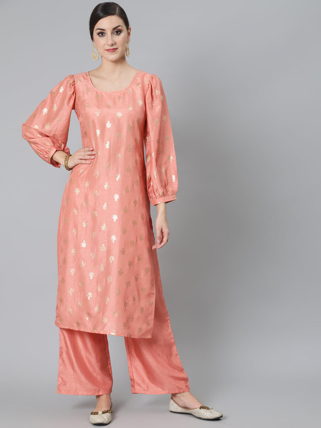 Peach Foil Print Kurta With Palazzo