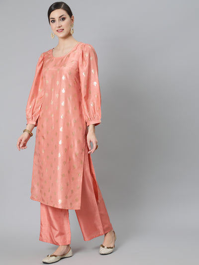 Peach Foil Print Kurta With Palazzo