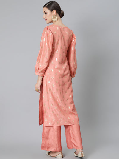 Peach Foil Print Kurta With Palazzo