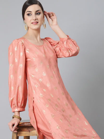 Peach Foil Print Kurta With Palazzo