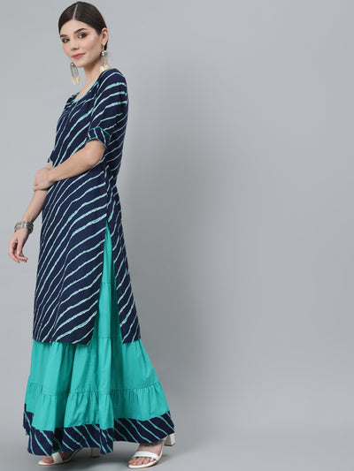 Blue Leheriya Print Kurta With Tiered Skirt