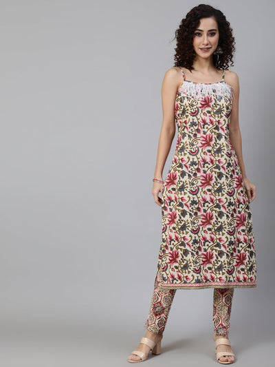 Cream Floral Print Kurta Pant With Feather Lace Details