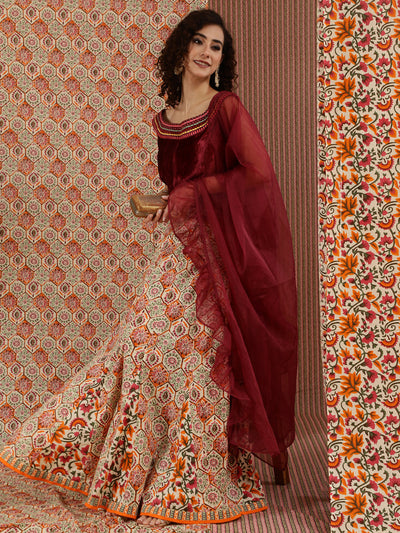 Maroon Floral Print Lehenga Choli With Dupatta