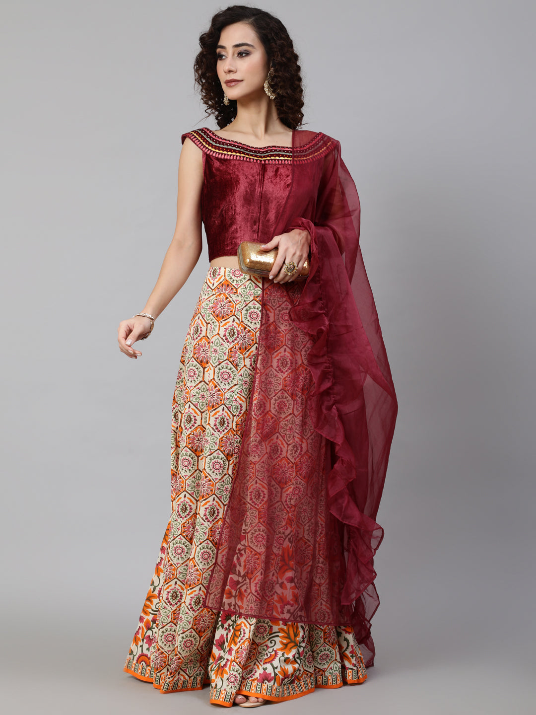 Maroon Floral Print Lehenga Choli With Dupatta