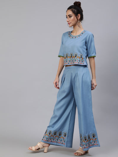Blue Embroidered Co Ord Set