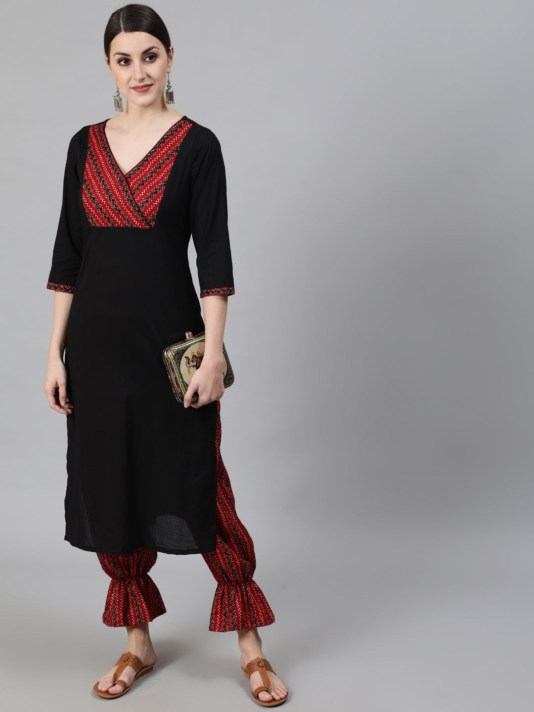 Black Chevron Print Cotton Kurta With Balloon Palazzo