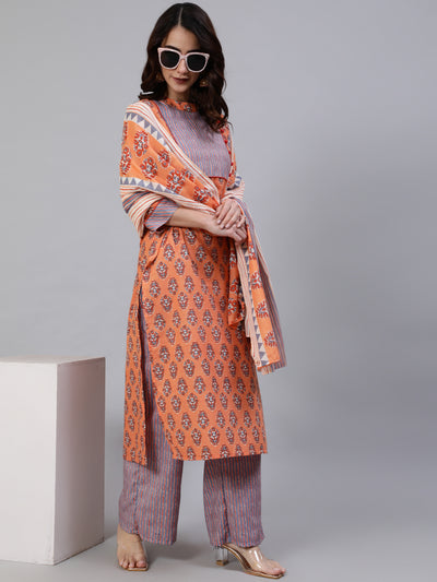 Orange Floral Print Kurta Palazzo With Dupatta